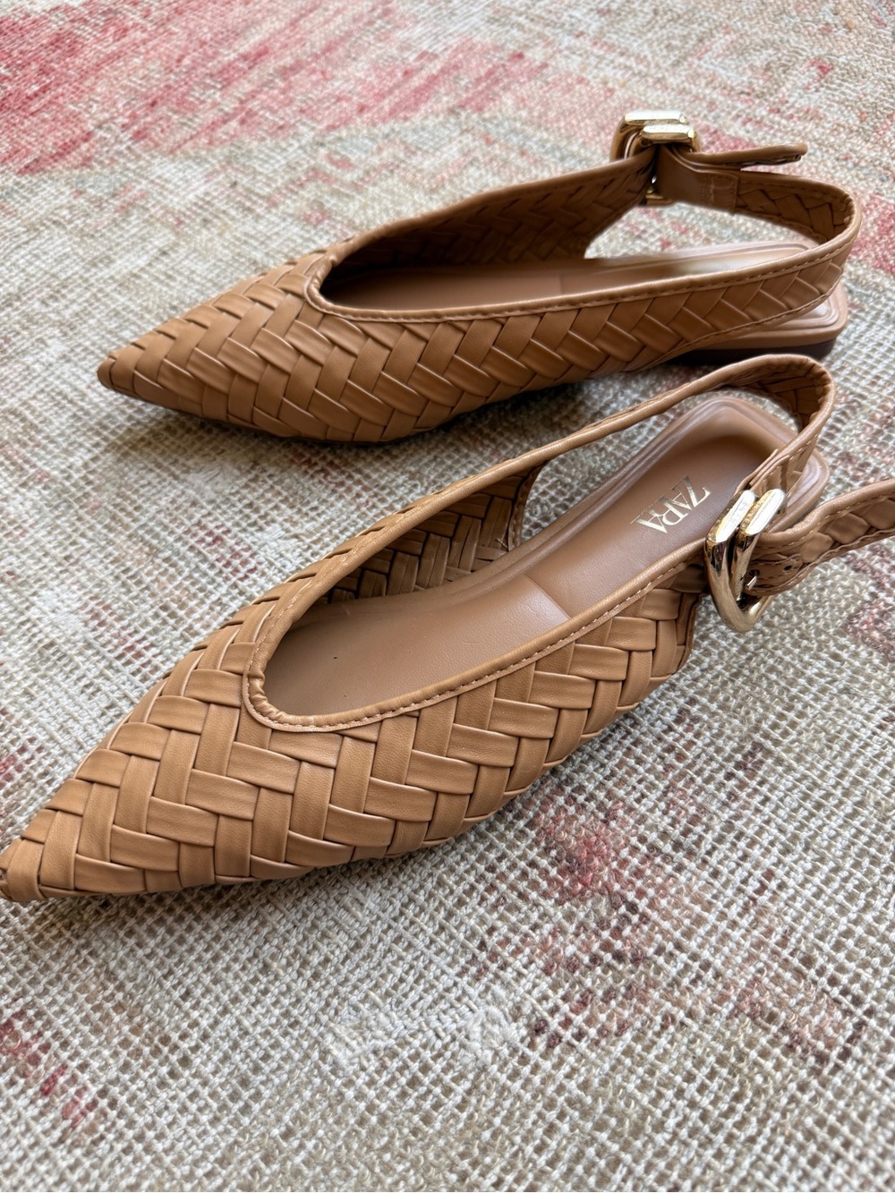 ZARA Woven Pointed Slingback Flats in Tan